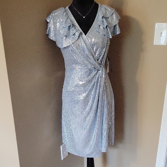 🟣JM Studio-Elegant Blue Ice/Silver Wrap Dress - Picture 1 of 8